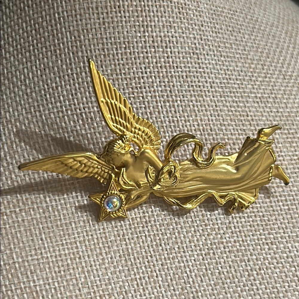 JJ Jonette Gold Fire Star Angel Goddess Figural Brooch Vintage Signed Lapel Pin